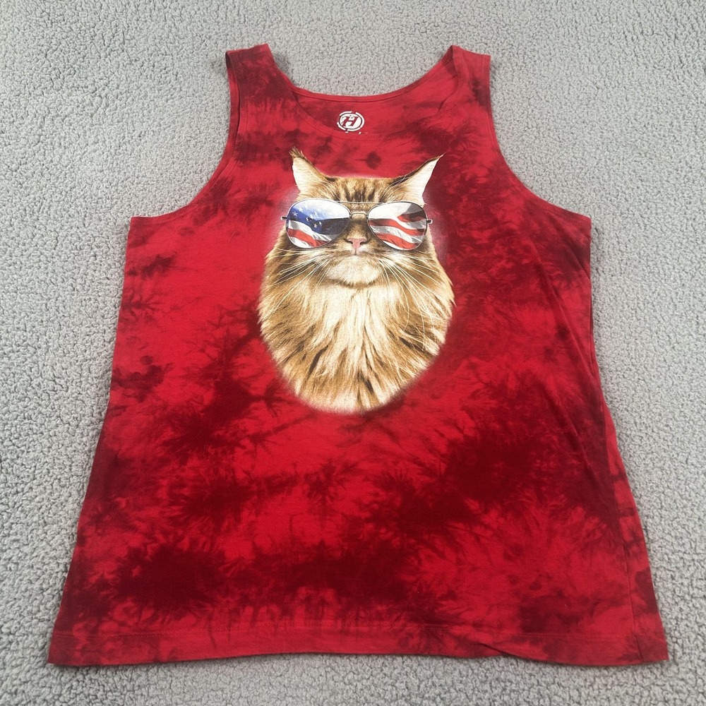 Hybrid Tank Top Mens Medium Red American Flag Cat Graphic Sleeveless Shirt
